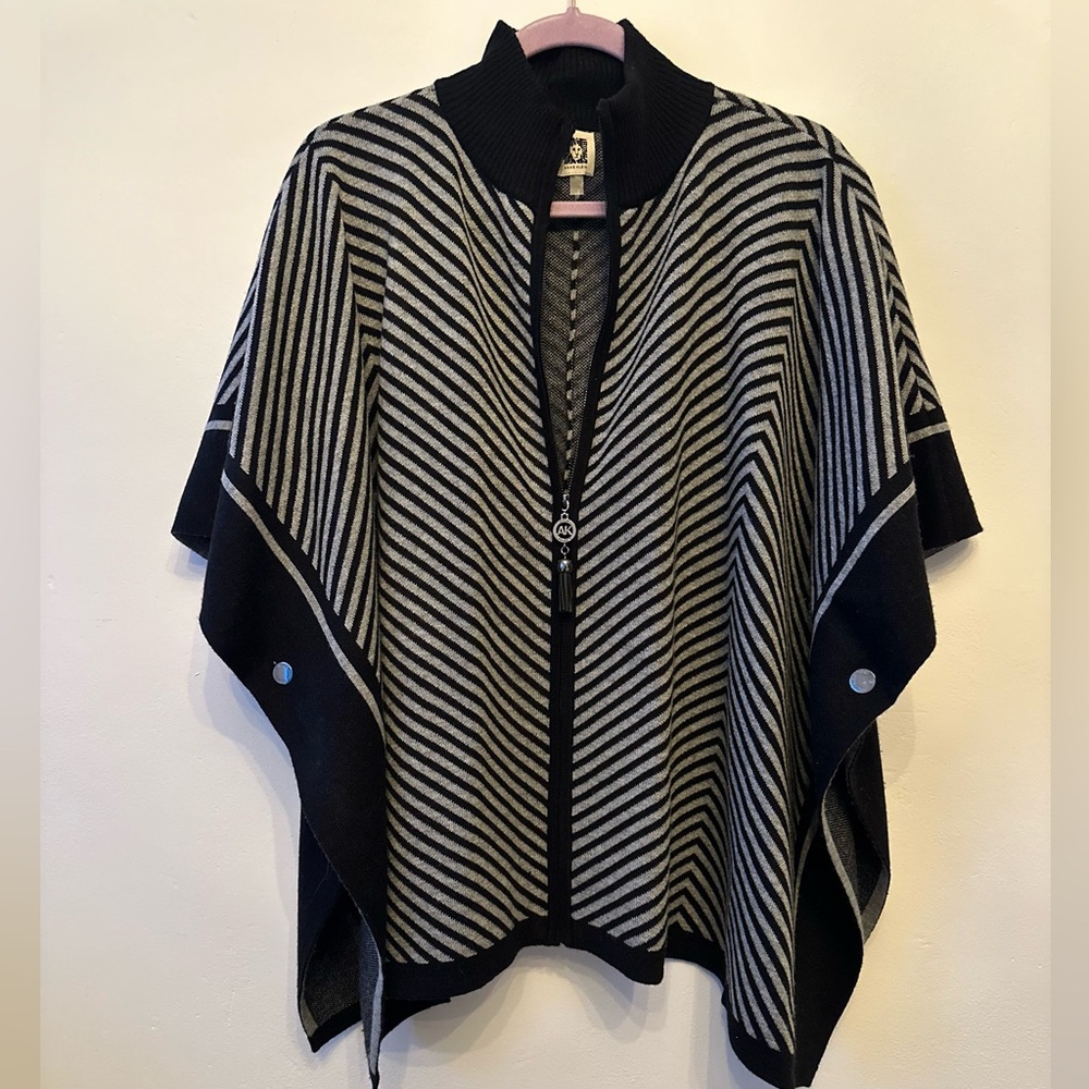 Striking Anne Klein Signature Zip-Front Striped Poncho with Mock Neck- Med
